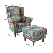 Kreslo ušiak s taburetom, látka patchwork M1, ASTRID