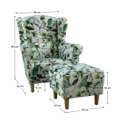Kreslo ušiak s taburetom, látka vzor zelené lístie, ASTRID