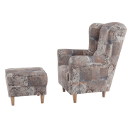 Kreslo ušiak s taburetom, látka vintage vzor, ASTRID