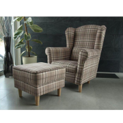 Kreslo ušiak s taburetom, látka hnedé káro/buk, ASTRID