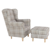 Kreslo ušiak s taburetom, látka hnedé káro/buk, ASTRID