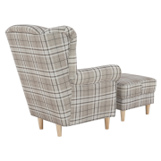 Kreslo ušiak s taburetom, látka hnedé káro/buk, ASTRID