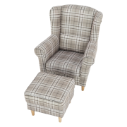 Kreslo ušiak s taburetom, látka hnedé káro/buk, ASTRID