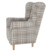 Kreslo ušiak, látka hnedé káro, CHARLOT