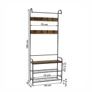 Vešiak s botníkom, čierny kov/MDF rustikálne drevo, KELAM