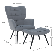 Kreslo s podnožou, sivá Velvet látka/čierna, HABEN