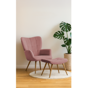 Kreslo s podnožou, ružová Velvet látka/dub, HABEN