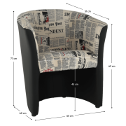 Klubové kreslo, ekokoža čierna/látka vzor novín, CUBA