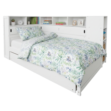 Posteľ s regálmi a prístelkou, biela, 90x200, LENDON