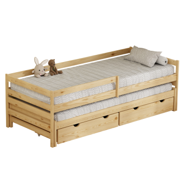 Posteľ s prístelkou a úložným priestorom, 90x200, prírodná, ELARA