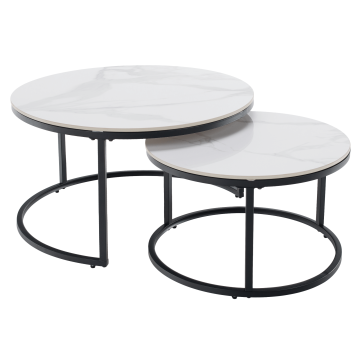 Konferenčné stolíky, set 2 ks, biely mramor/čierna, LASTRO NEW