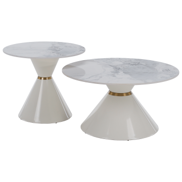 Konferenčné stolíky, set 2 ks, biely mramor/biela/zlatá, kov, MABUZ NEW