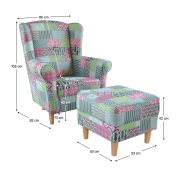 Kreslo ušiak s taburetom, látka patchwork M1, ASTRID