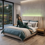 Posteľ s roštom a LED osvetlením, 160x200, béžová Velvet látka, ALTESA