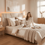 Posteľ s roštom a LED osvetlením, 160x200, béžová Velvet látka, ALTESA