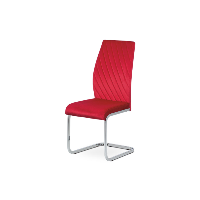 jedálenská stolička, červená zamatová látka, kovová chromovaná podnož