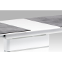 jedálenský stôl140+40x80, šedé sklo, biely vysoký lesk MDF, brúsený nerez